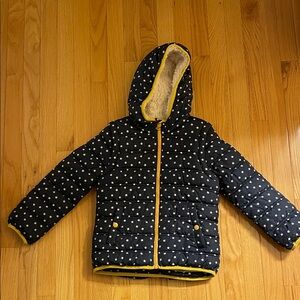 Boden Navy Star Puffer Jacket with Yellow Accents